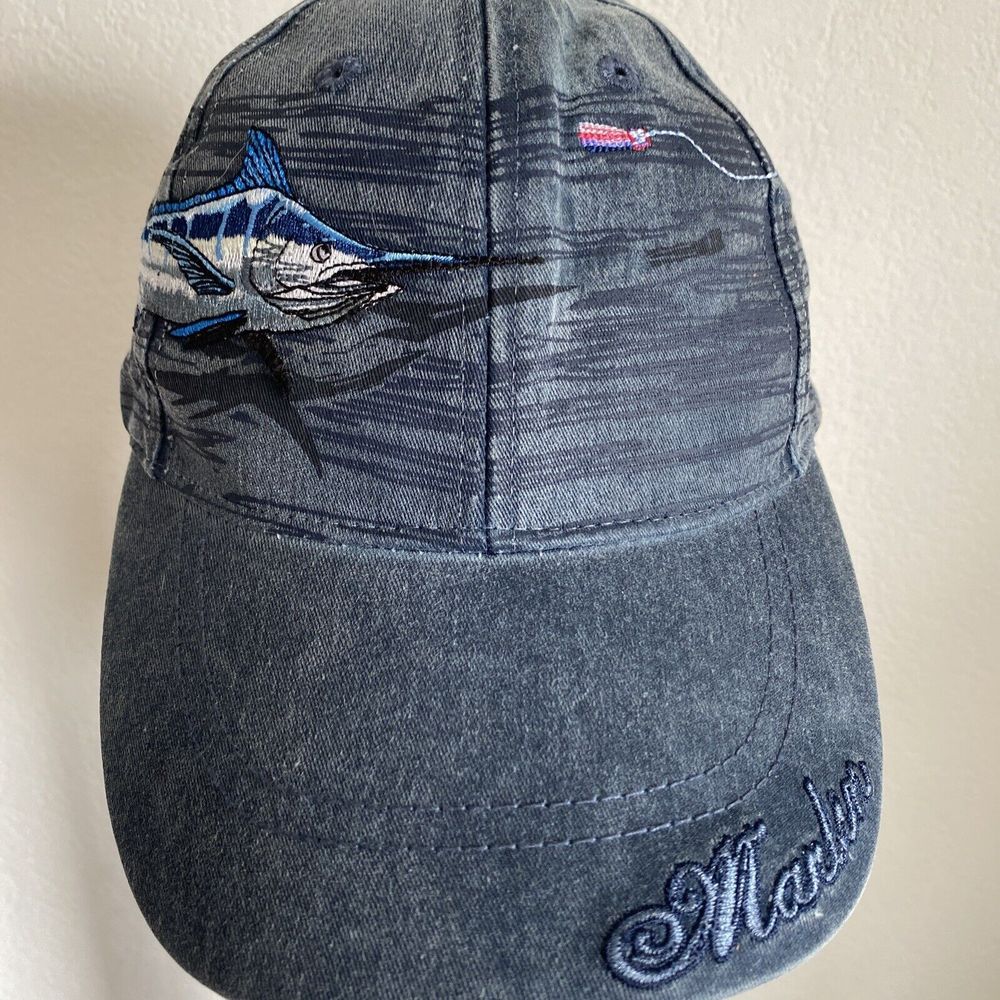 FLYING FISHERMAN Ball Cap Denim Blue Cotton Embroidered MARLIN Adjustable Hat